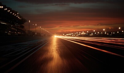 Obraz premium Streaking lights on a wet track at sunset