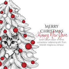 Vector illustration of a tabby cat sitting in a Christmas tree in engraving style. Christmas greeting card. A lovely invitation to celebrate the New Year