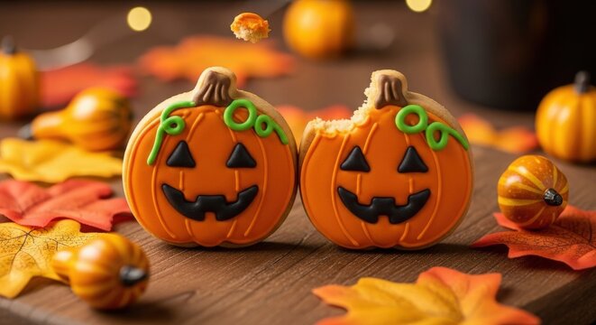 Two pumpkin shaped cookies decorated for halloween with bite taken out of one