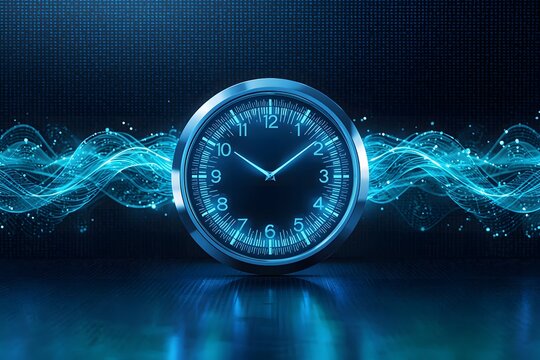 Futuristic glowing blue clock representing digital time technology and modern innovation