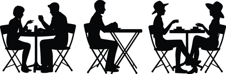 Cafe silhouette, couple dining, table conversation, beverage moment, outdoor seating, vector illustration, black graphic, social connection, date experience, leisure atmosphereCafe silhouette,
