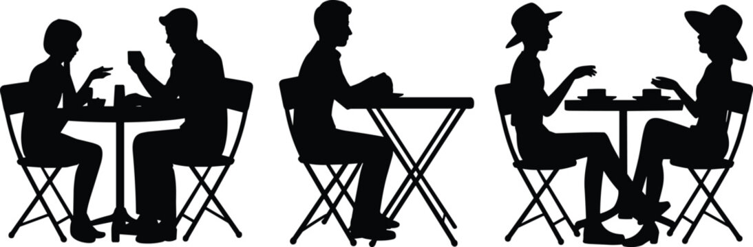 Cafe silhouette, couple dining, table conversation, beverage moment, outdoor seating, vector illustration, black graphic, social connection, date experience, leisure atmosphereCafe silhouette,