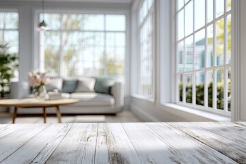 Bright sunlit living room with large windows and a soft sofa