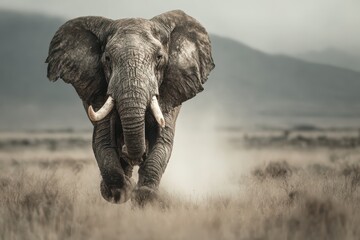 Naklejka premium Majestic elephant advances through the grassland, dust swirling around its feet, set against a backdrop of distant hills under a hazy sky.