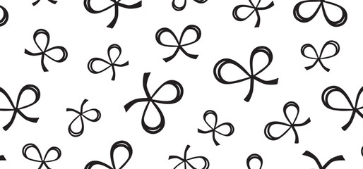 Naklejka na ściany i meble Bow seamless pattern, small ribbon background. Cute girl print, simple doddle kid bg. Black whimsical shape, romantic drawing coquette border, retro bowknot wallpaper. Abstract vector illustration Naklejka na ściany i meble Bow seamless pattern, small ribbon background. Cute girl print, simple doddle kid bg. Black whimsical shape, romantic drawing coquette border, retro bowknot wallpaper. Abstract vector illustration