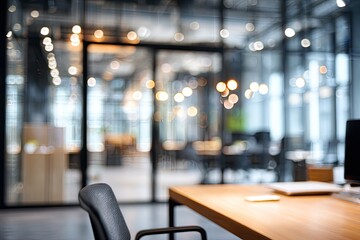 Bright, blurred office interior with wooden desk and modern furniture