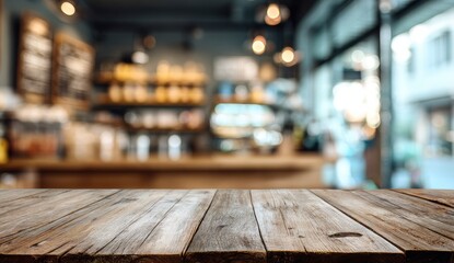Rustic wooden table in front of a blurry, warm coffee shop interior