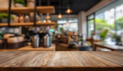 Blurred cafe interior with wooden counter in foreground