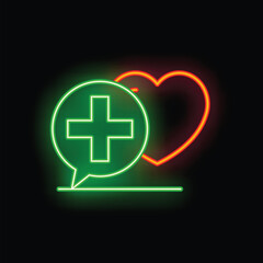 Neon medical cross inside a speech bubble glowing next to a heart shape, on a dark background