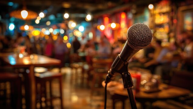 Microphone on stand in dimly lit bar with bokeh background