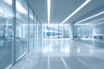 Modern, well-lit office hallway with polished floors and large windows