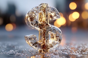 Naklejka premium Translucent ice dollar symbol glistening with light on wet ground