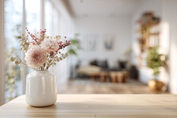 Soft floral arrangement in white vase on wooden table