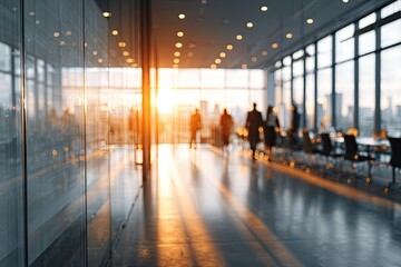 Blurred modern office corridor with people and city view at sunset