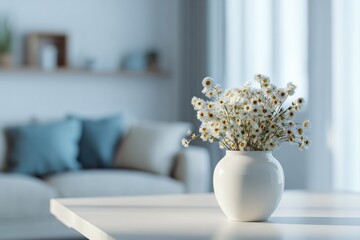 White vase with delicate white flowers on a table, softly lit room