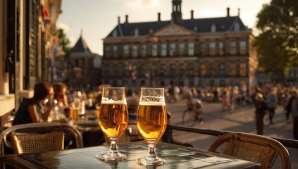 Two frothy golden beers sit on a table with blurred city life background