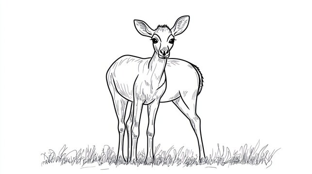 Line drawing of a young antelope, standing in grass. Suitable for nature, wildlife, or educational purposes