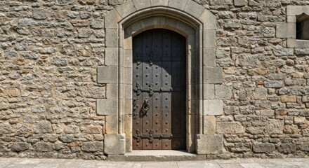 Fototapeta premium Aged stone wall with framed arched doorway and metal door