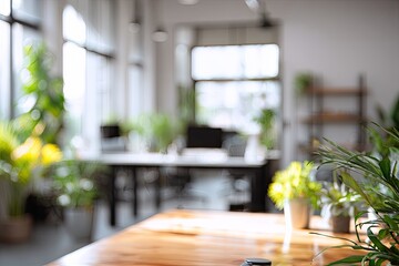 Bright, airy modern office space with abundant greenery, sunlit