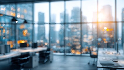 Blurred view of empty modern office interior overlooking city