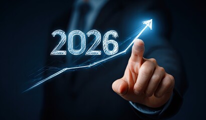 Businessman's finger points to a rising graph with the year 2026