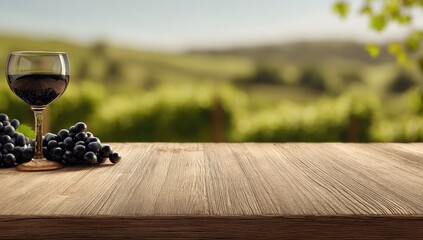Glass of red wine and grapes on wooden table, vineyard background