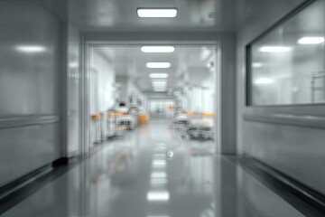 Obraz premium Blurred hospital corridor with medical equipment and bright lights