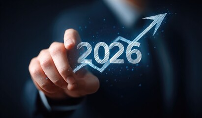 Businessman points at upward trending arrow and year 2026