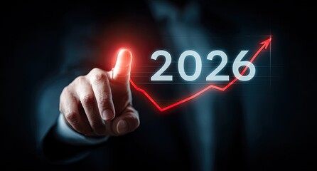 Businessman touches year 2026 with growing red arrow chart