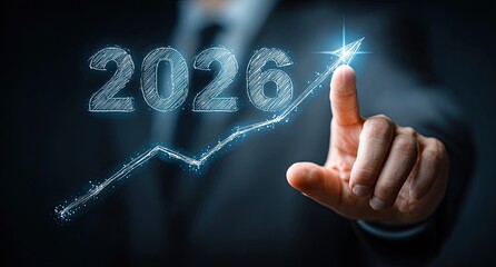 Year 2026 growth graph with upward arrow touched by finger