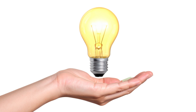  Hand Holding Glowing Light Bulb, Symbol of Idea and Innovation, Isolated on Transparent Background PNG