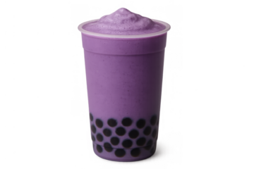 Refreshing purple taro blended drink, also known as boba, with chewy tapioca pearls in a plastic cup