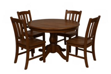 Round wooden dining table with four chairs set, traditional furniture for home interior design, transparent background