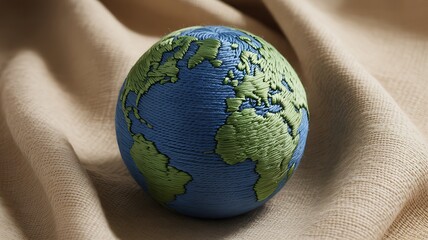Handmade embroidered globe depicting continents over fabric background still life