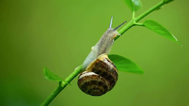 A snail crawls on a twig of a green plant