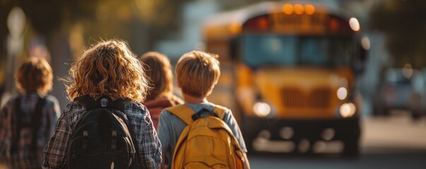 Naklejka premium Children with backpacks walk towards a yellow school bus