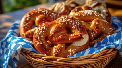 Freshly Baked Bavarian Pretzels in a Traditional Woven Basket with Blue and White Checkered Cloth