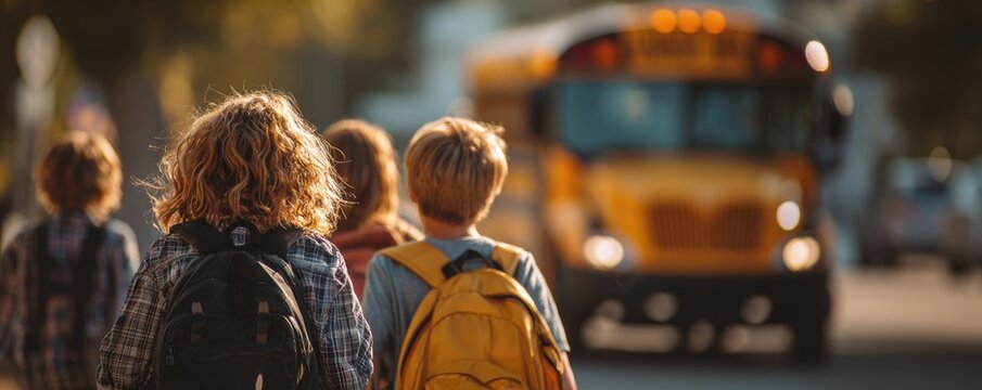 Children with backpacks walk towards a yellow school bus
