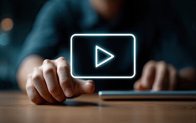 Person touching glowing play button on a screen