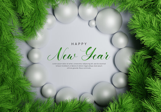 3D Happy New Year Border Frame Mockup with Pine Branches Ornaments Background
