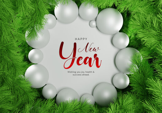 Happy New Year 3D Background Mockup with Green Pine Branches Ornaments