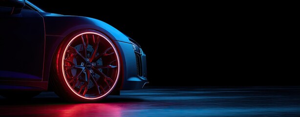 Close-up of a car wheel with neon red rim lights on a dark background