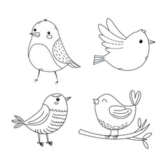 Collection of cute drawing styles featuring four birds perched and flying, ideal for creative projects and coloring activities