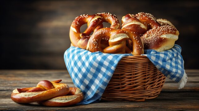 Freshly Baked Soft Pretzels Arrangement in Brown Basket with Blue Checkered Cloth on Wooden Surface