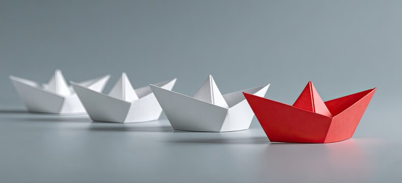 Red paper boat leads white boats forward on a neutral surface