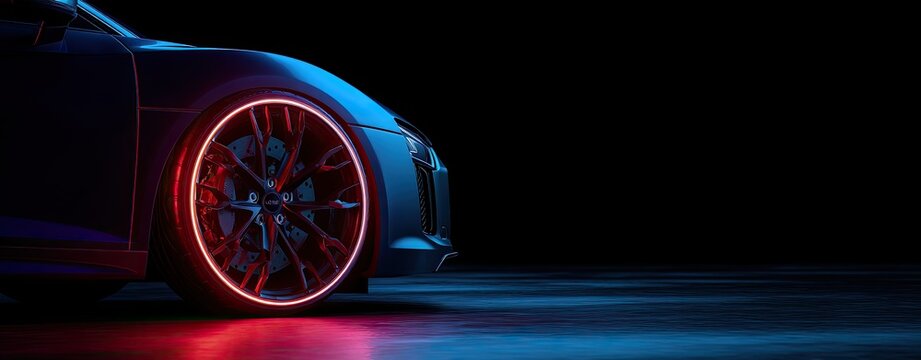 Close-up of a car wheel with neon red rim lights on a dark background
