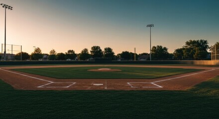 Obraz premium Baseball field at sunset, diamond and grass in evening light