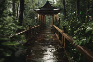 Meditation Beside Secluded Forest Shrine Footbridge After Rain, Reflective Wet Planks, Incense Trail, Neutral Athleisure, Outdoor Wellness, Tranquil Nature, Mindfulness, Editorial Lifestyle