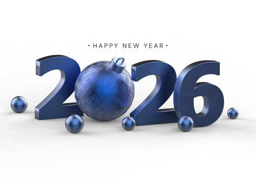 Elegant 3D 2026 Happy New Year Background Mockup with Blue Metallic Ornament