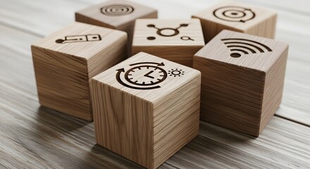 Assortment of Wooden Cubes with Technology and Smart Home Icons, Central Clock with Arrows